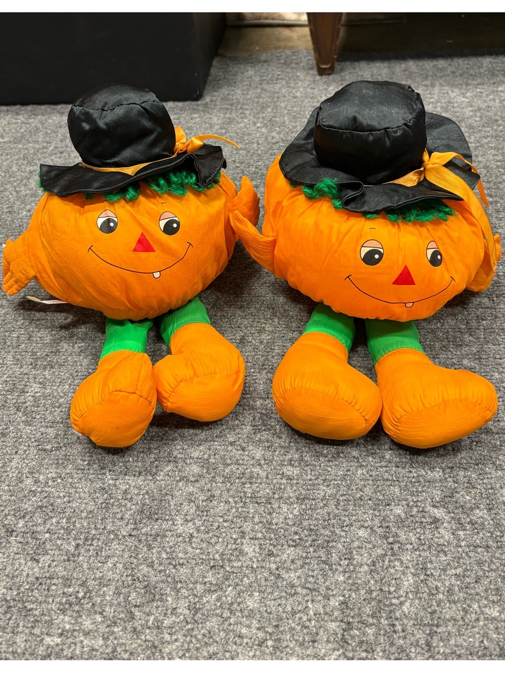 Vintage Nylon Parachute Plush Pumpkin Pair Holiday Decor with Black Hats